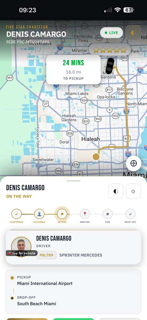 Live ride tracking — day mode showing driver en route on a Miami map